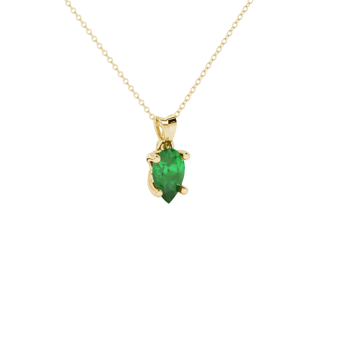 Close-up, pear shape emerald green gemstone, yellow gold lotus basket pendant.
