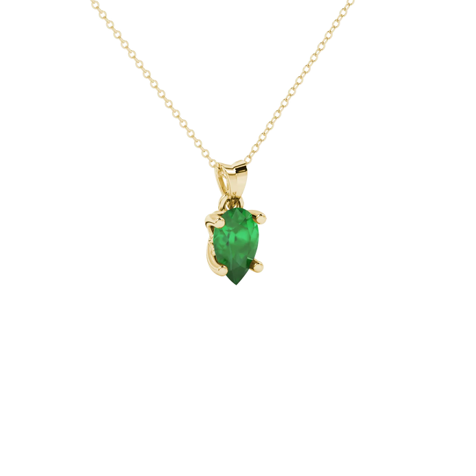 Close-up, pear shape emerald green gemstone, yellow gold lotus basket pendant.