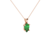 Close-up, pear shape emerald green gemstone pendant, rose gold lotus basket.