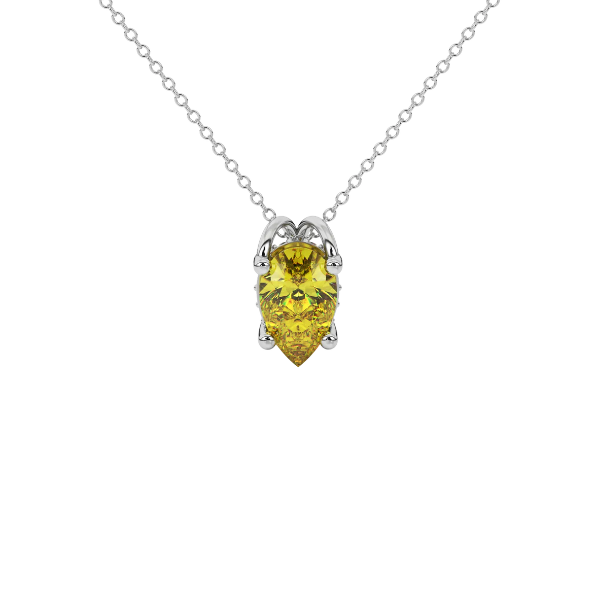 Pear shape canary yellow gemstone pendant, white gold pavé basket setting.