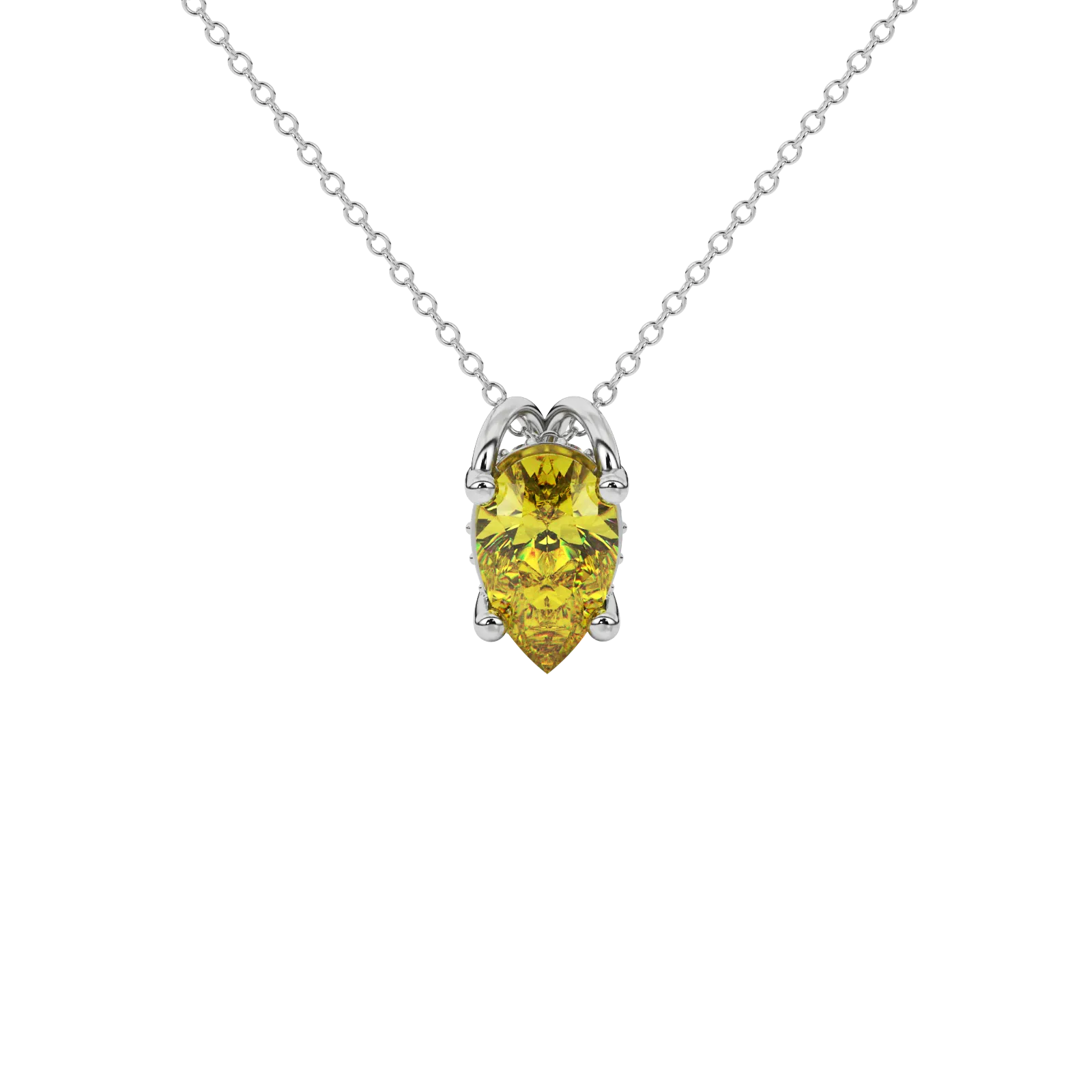 Pear shape canary yellow gemstone pendant, white gold pavé basket setting.