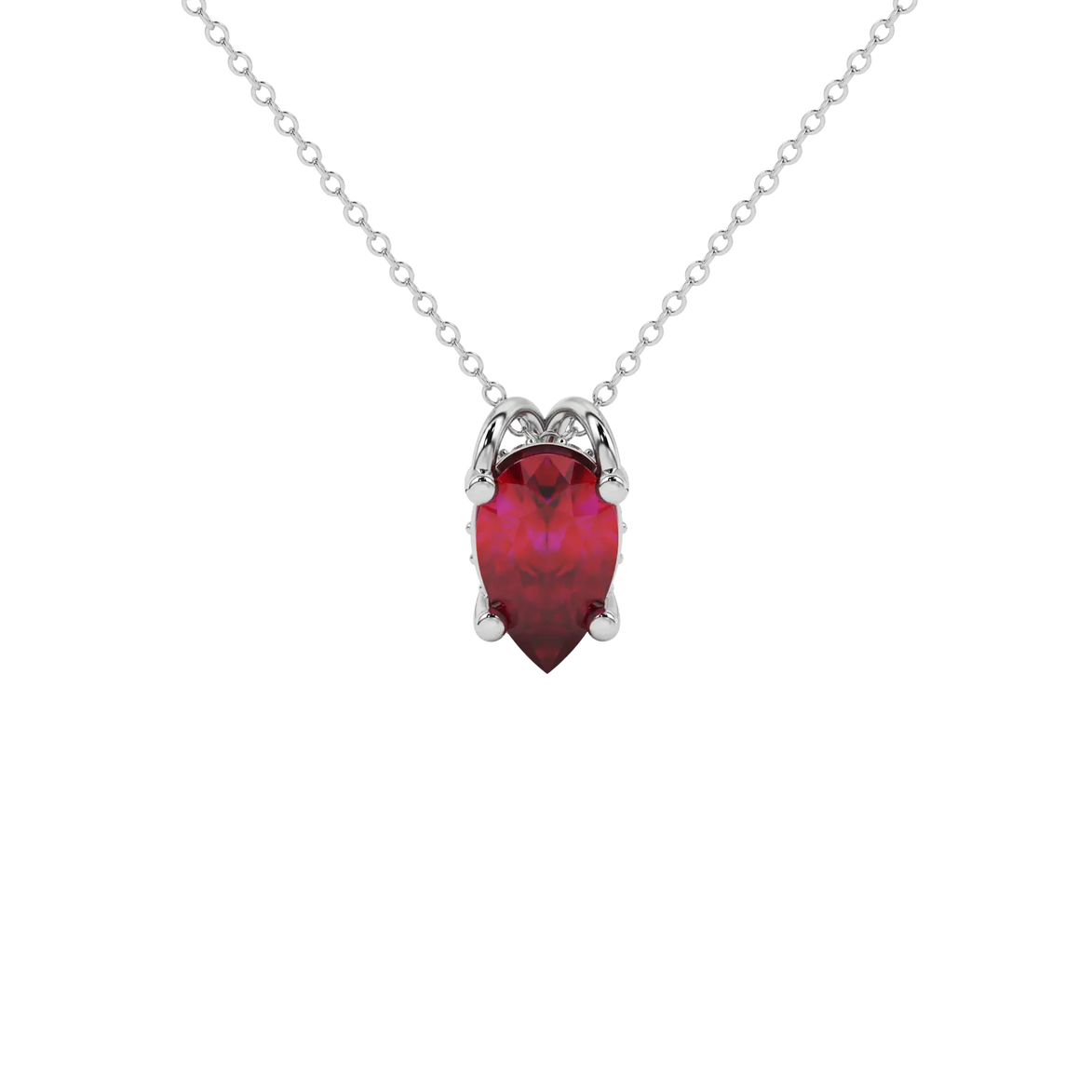 Pear shape raspberry red gemstone pendant, white gold pavé basket setting.