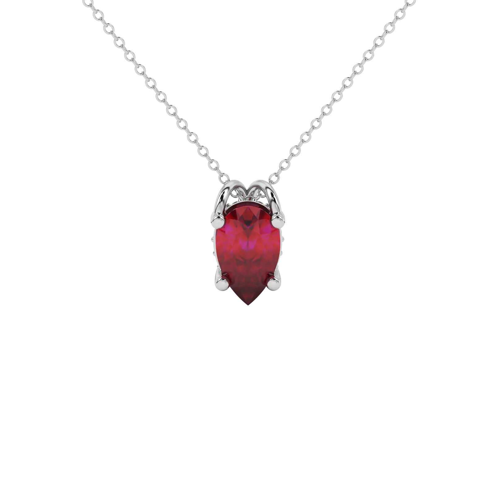 Pear shape raspberry red gemstone pendant, white gold pavé basket setting.