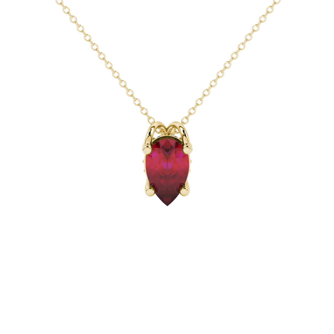 Pear shape raspberry red gemstone pendant, yellow gold pavé basket setting.