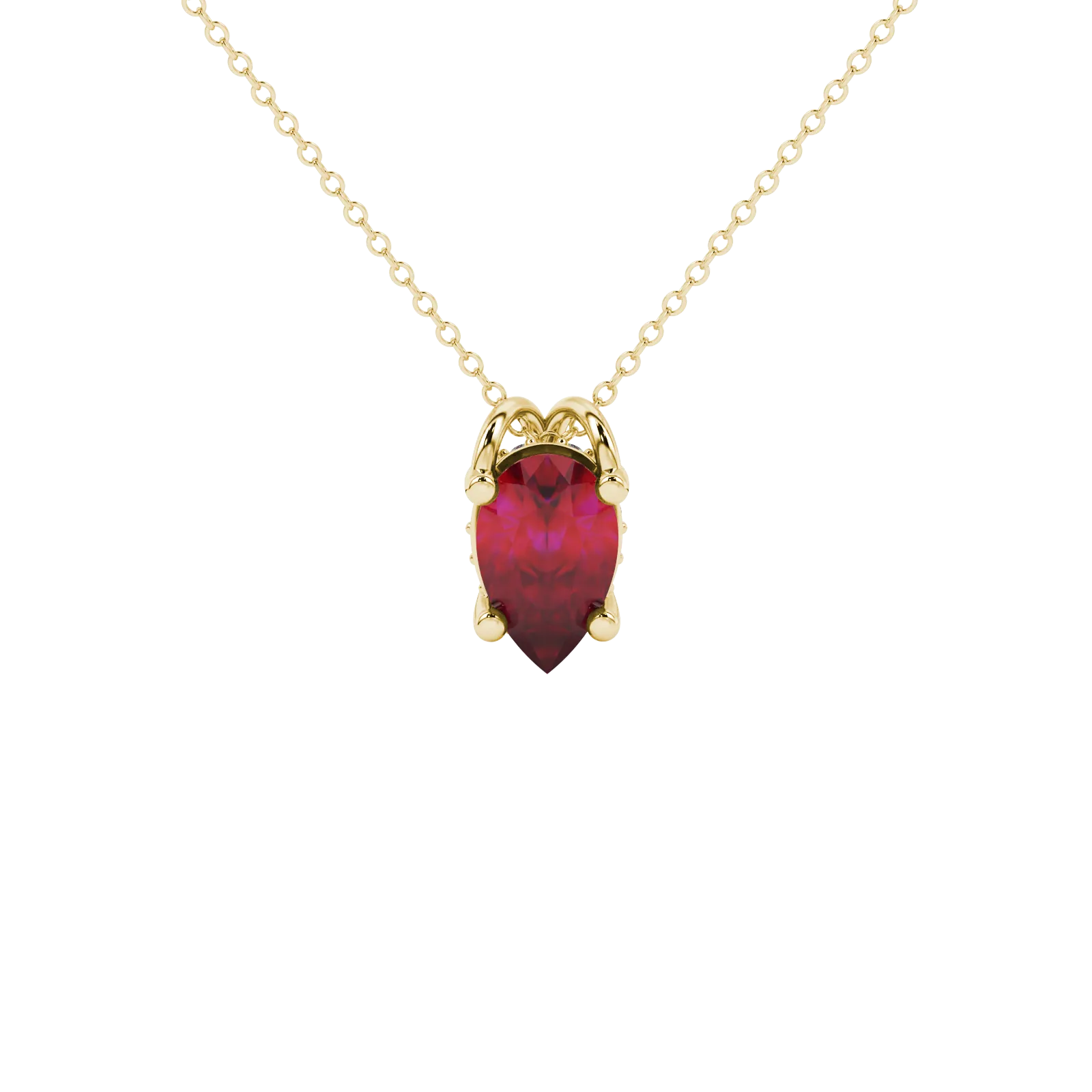 Pear shape raspberry red gemstone pendant, yellow gold pavé basket setting.