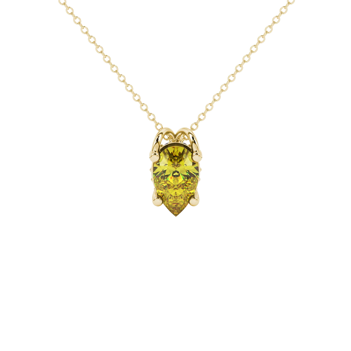 Pear shape canary yellow gemstone pendant, yellow gold pavé basket setting.