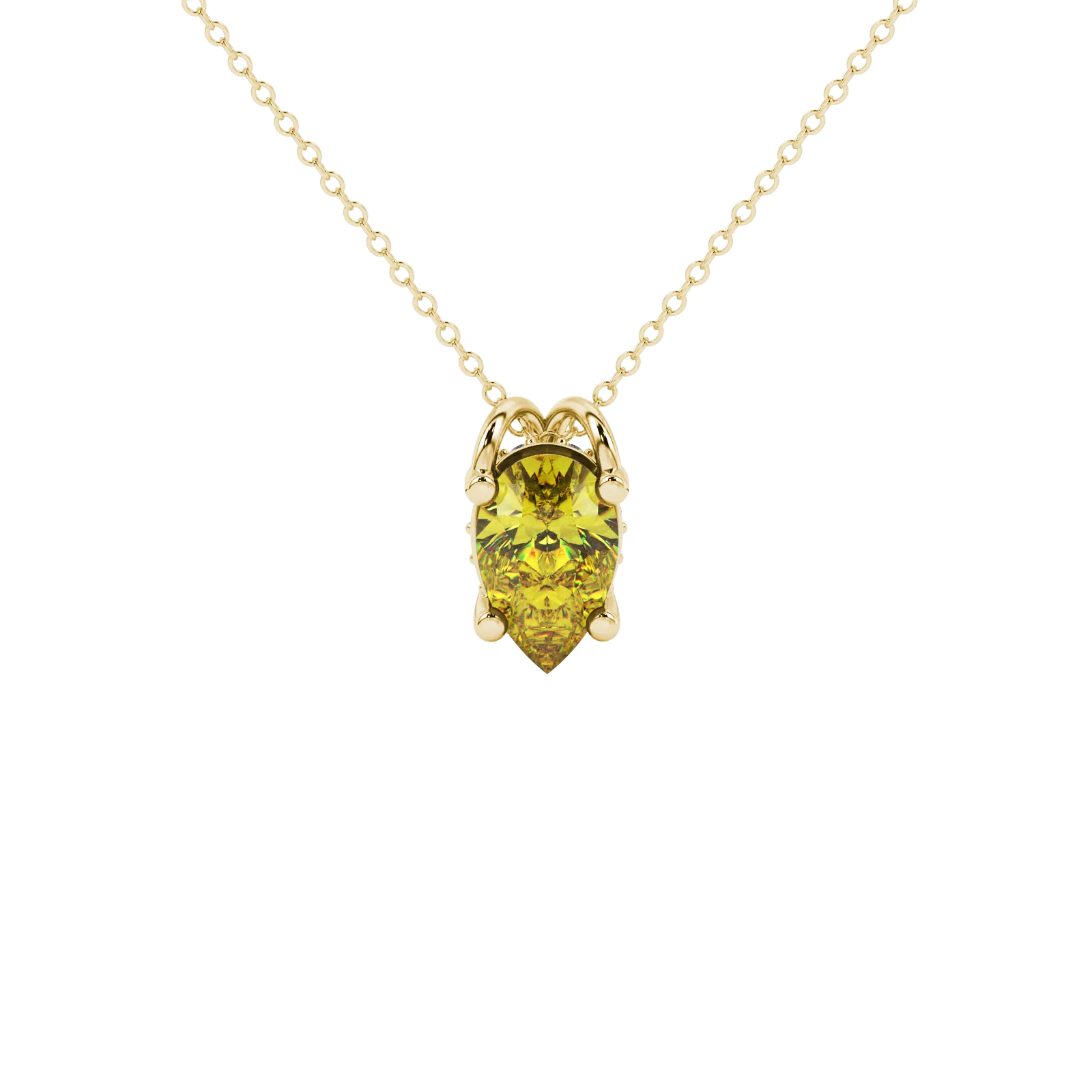 Pear shape canary yellow gemstone pendant, yellow gold pavé basket setting.