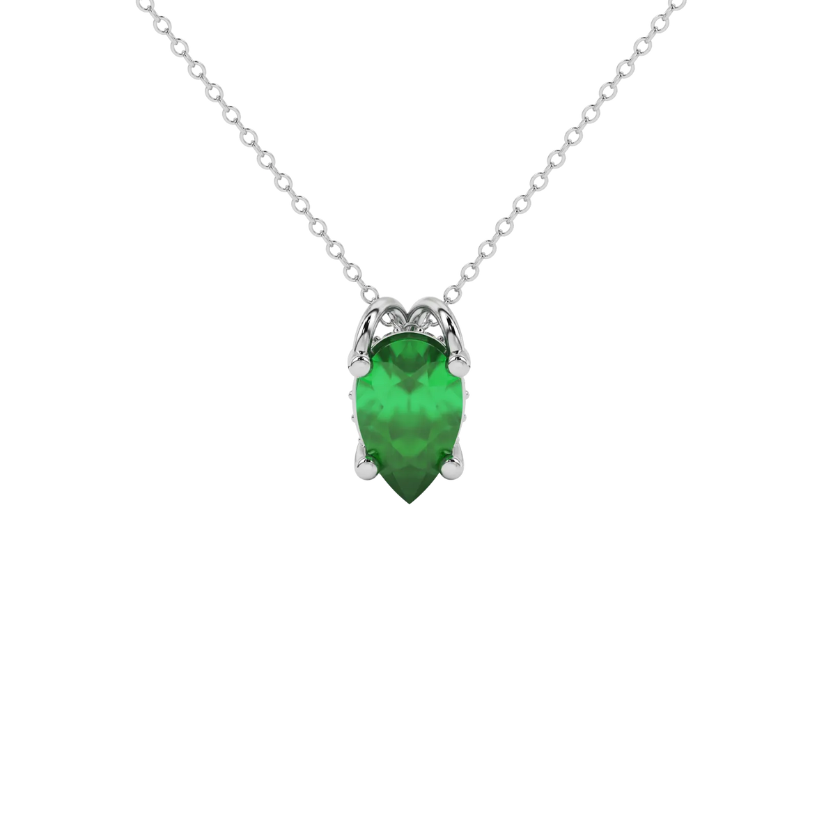 Pear shape emerald green gemstone pendant, white gold pavé basket setting.