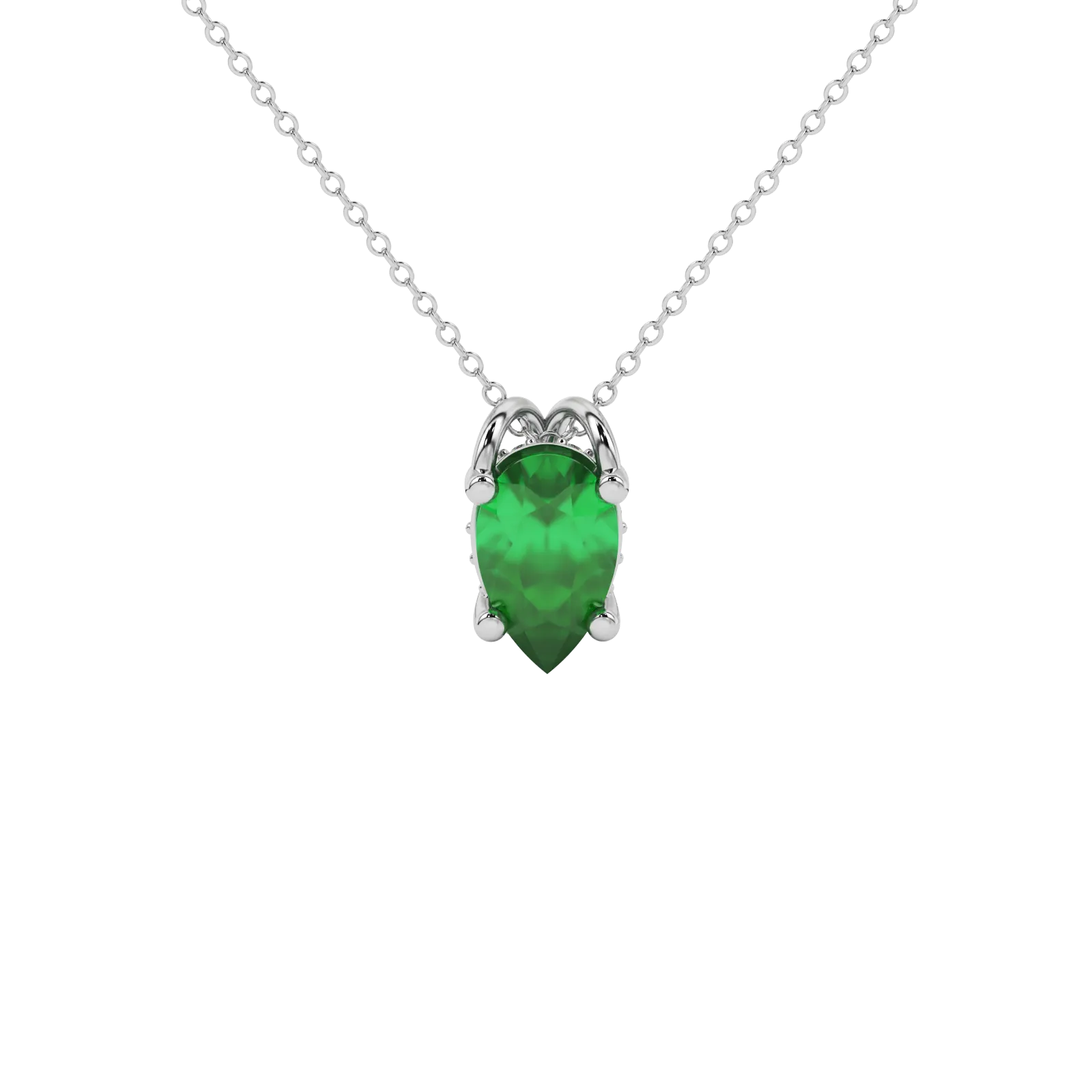 Pear shape emerald green gemstone pendant, white gold pavé basket setting.