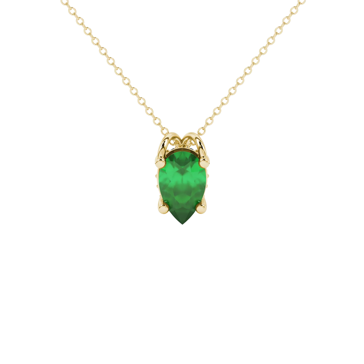 Pear shape emerald green gemstone pendant, yellow gold pavé basket setting.