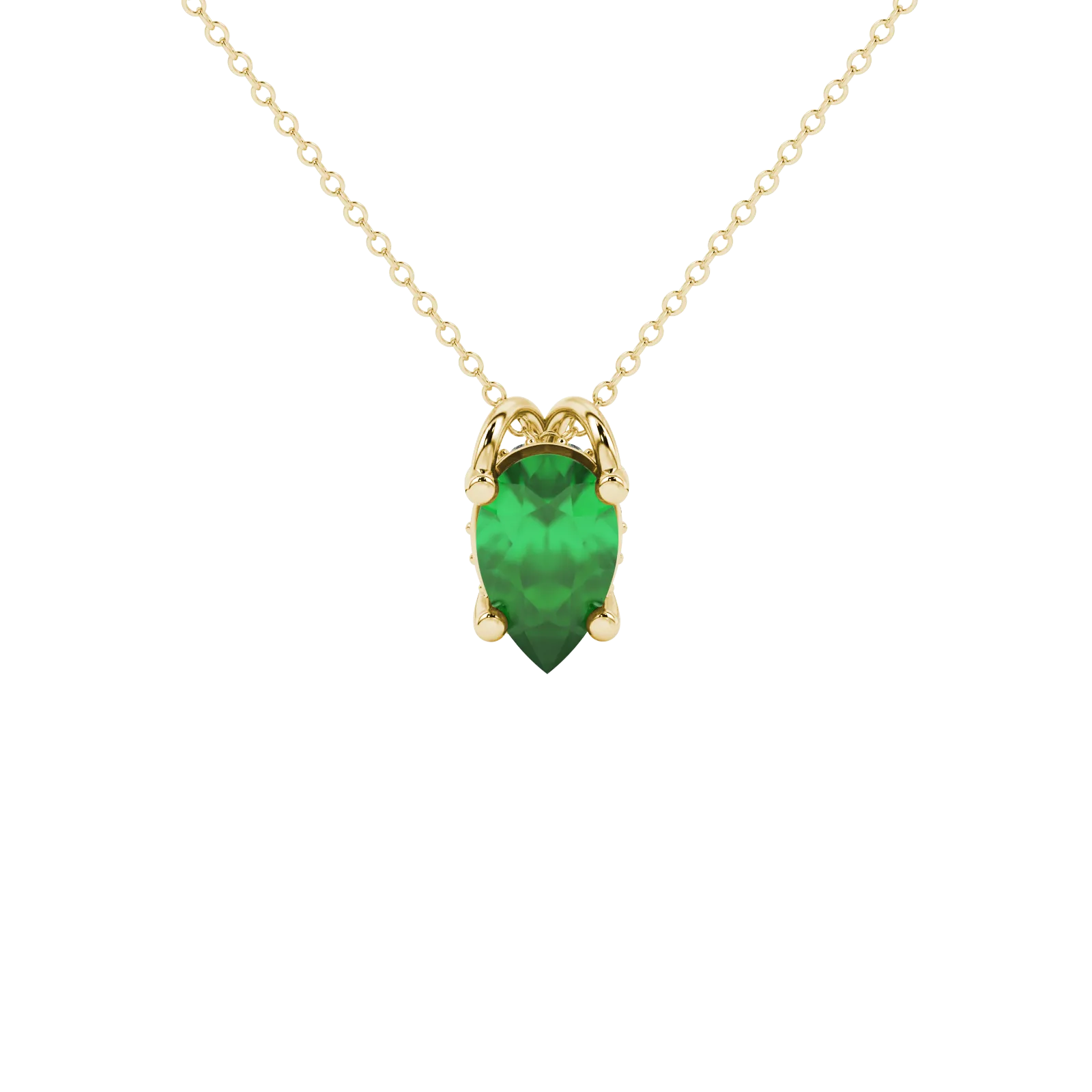 Pear shape emerald green gemstone pendant, yellow gold pavé basket setting.
