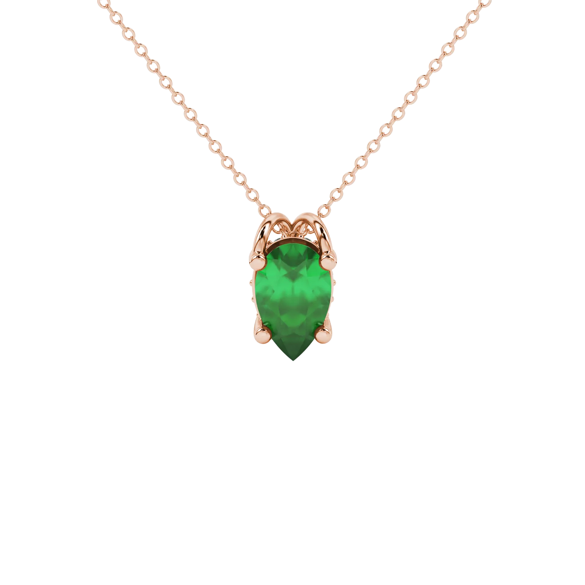 Pear shape emerald green gemstone pendant, rose gold pavé basket setting.