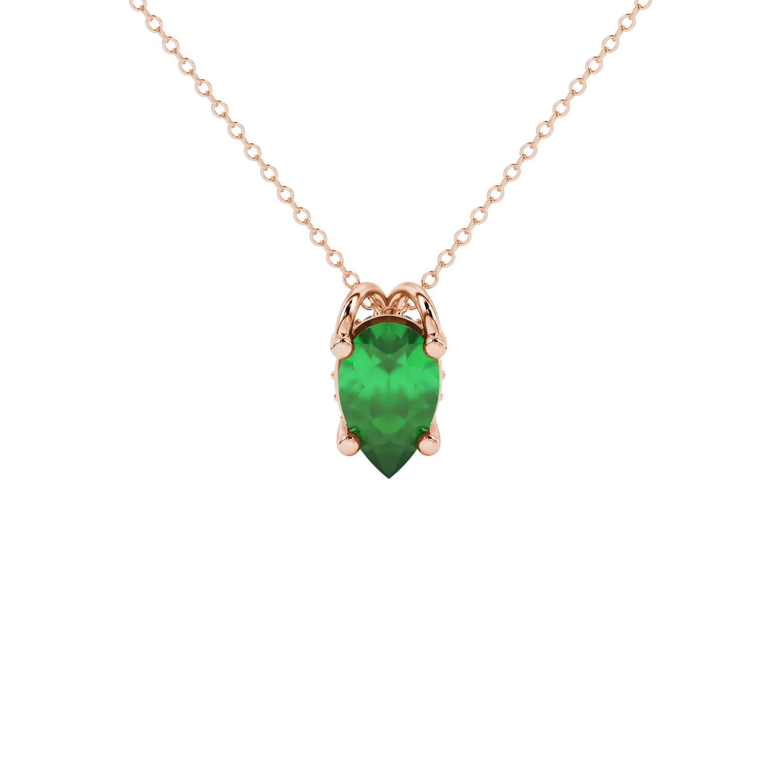 Pear shape emerald green gemstone pendant, rose gold pavé basket setting.