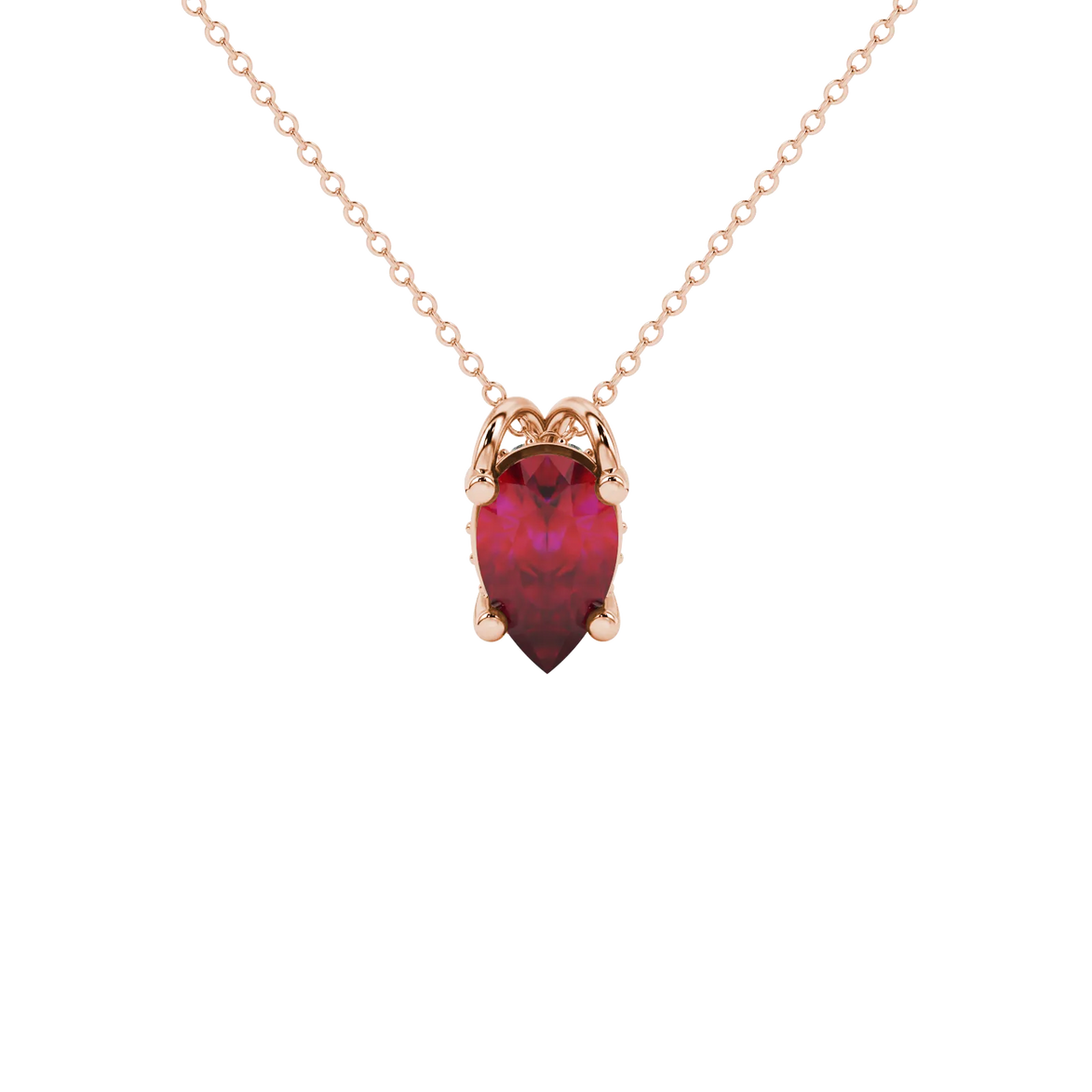 Pear shape raspberry red gemstone pendant, rose gold pavé basket setting.