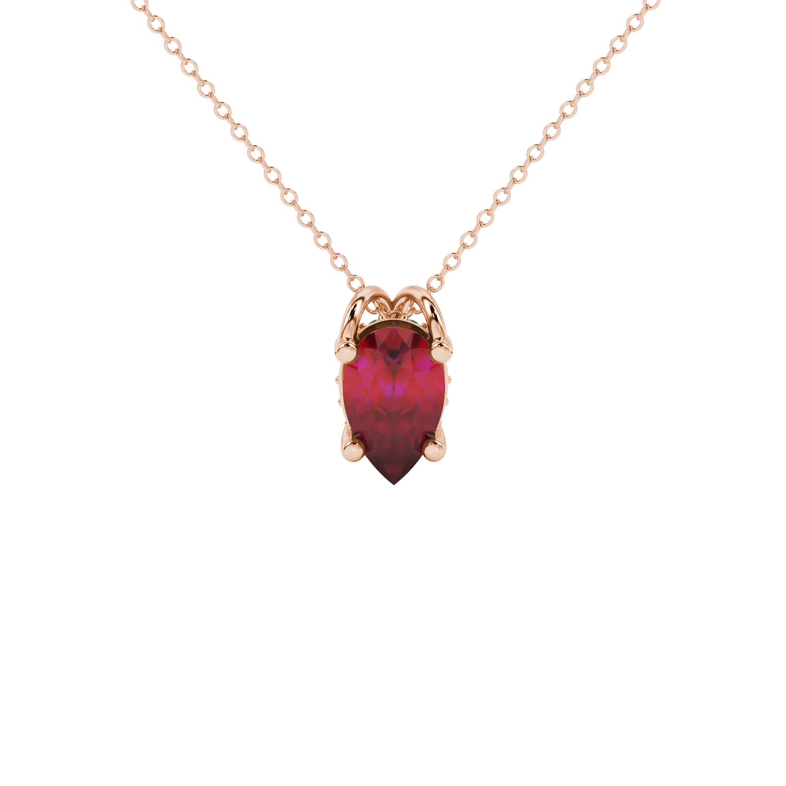 Pear shape raspberry red gemstone pendant, rose gold pavé basket setting.