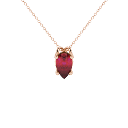 Pear shape raspberry red gemstone pendant, rose gold pavé basket setting.