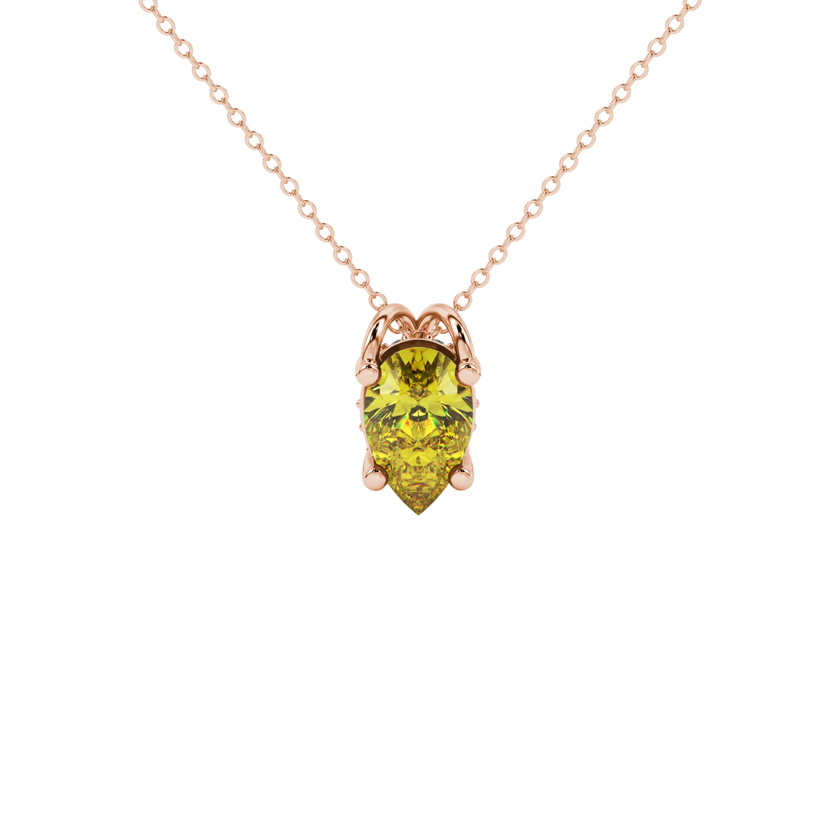 Pear shape canary yellow gemstone pendant, rose gold pavé basket setting.