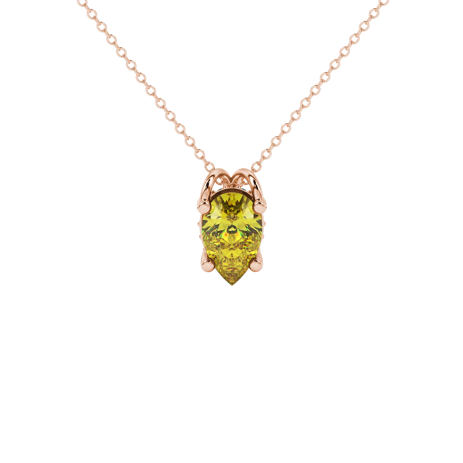 Pear shape canary yellow gemstone pendant, rose gold pavé basket setting.
