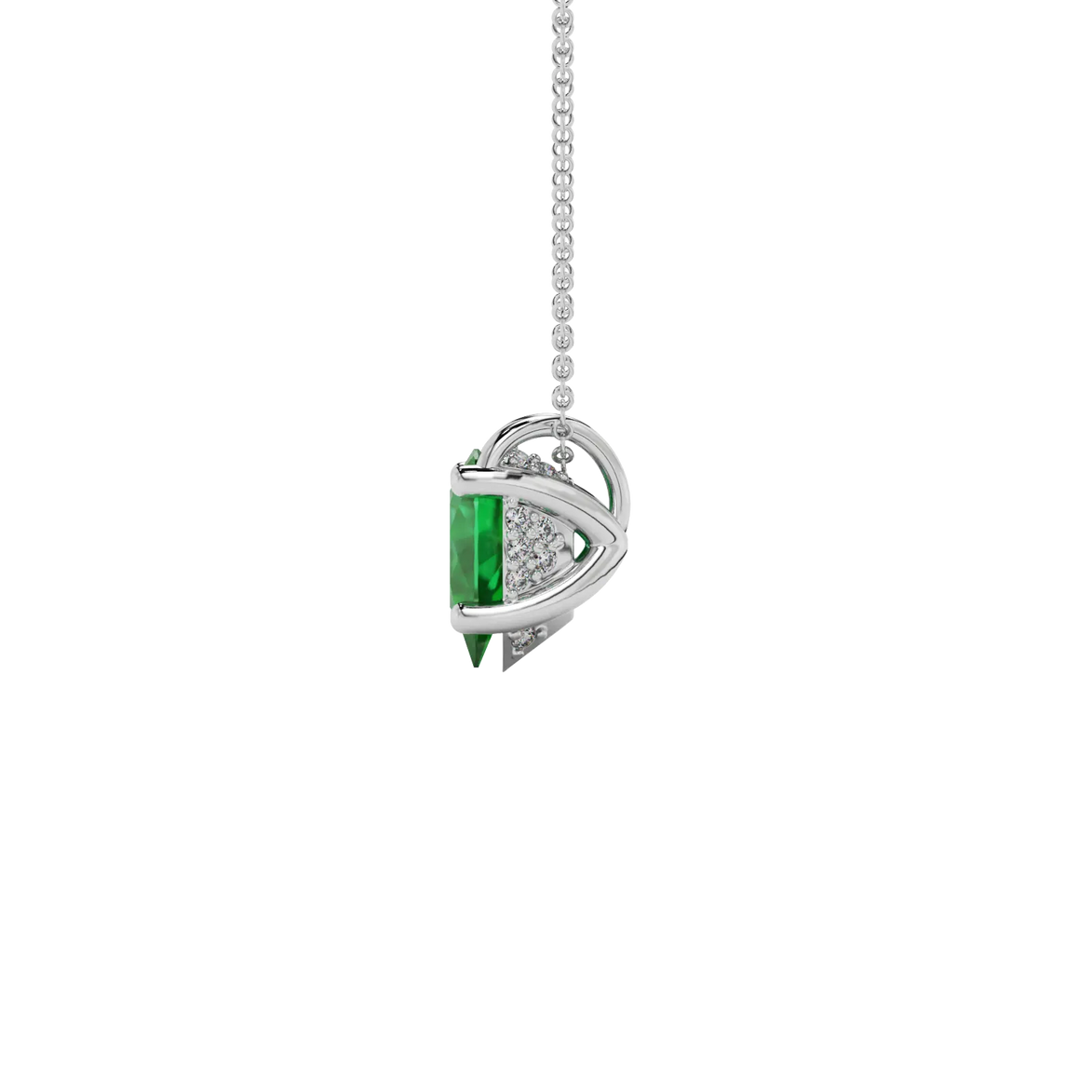 Side profile, white gold emerald green pendant, pavé basket gallery.