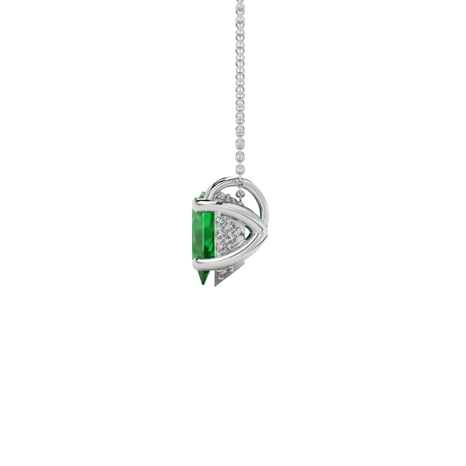 Side profile, white gold emerald green pendant, pavé basket gallery.