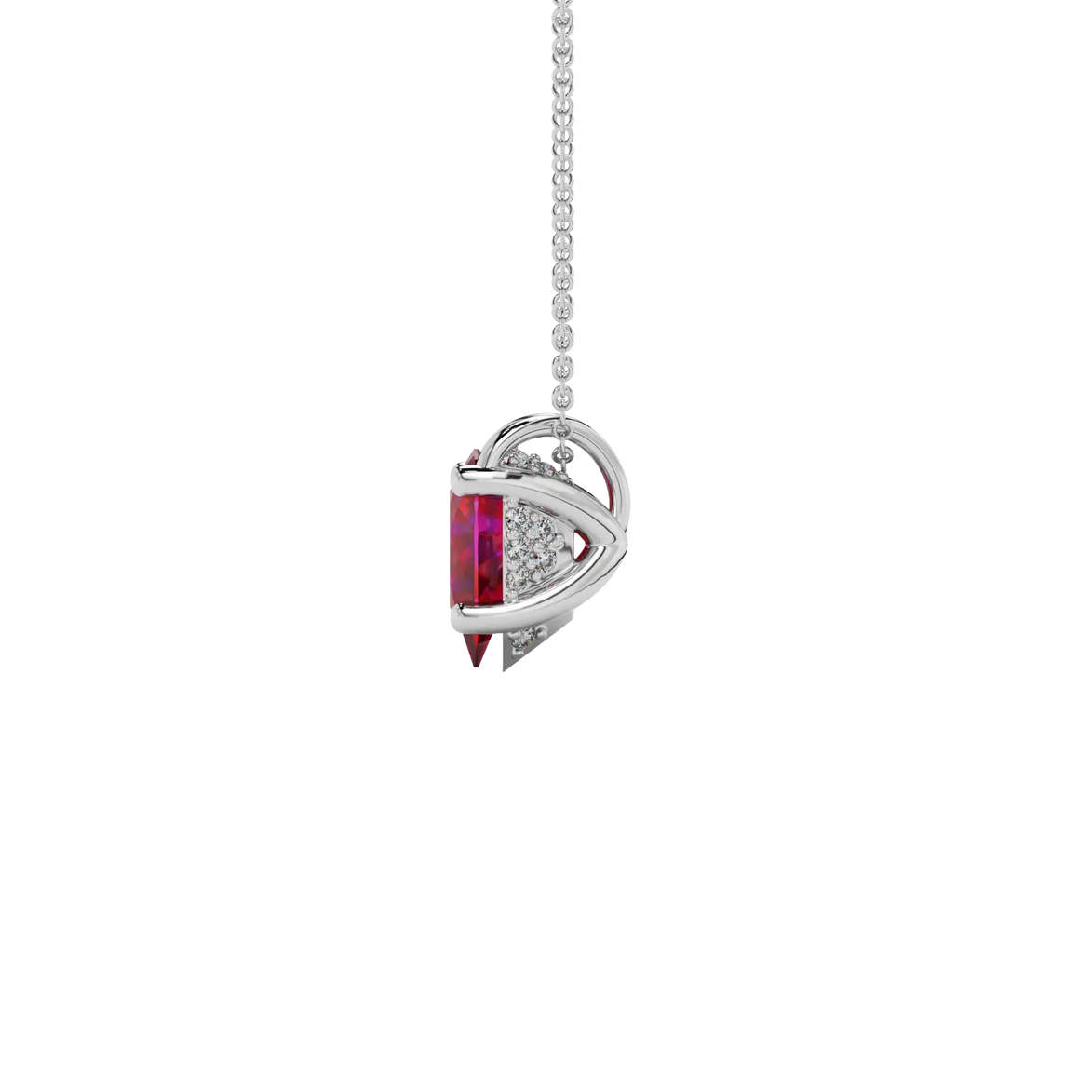 Side profile, white gold raspberry red pendant, pavé basket gallery.