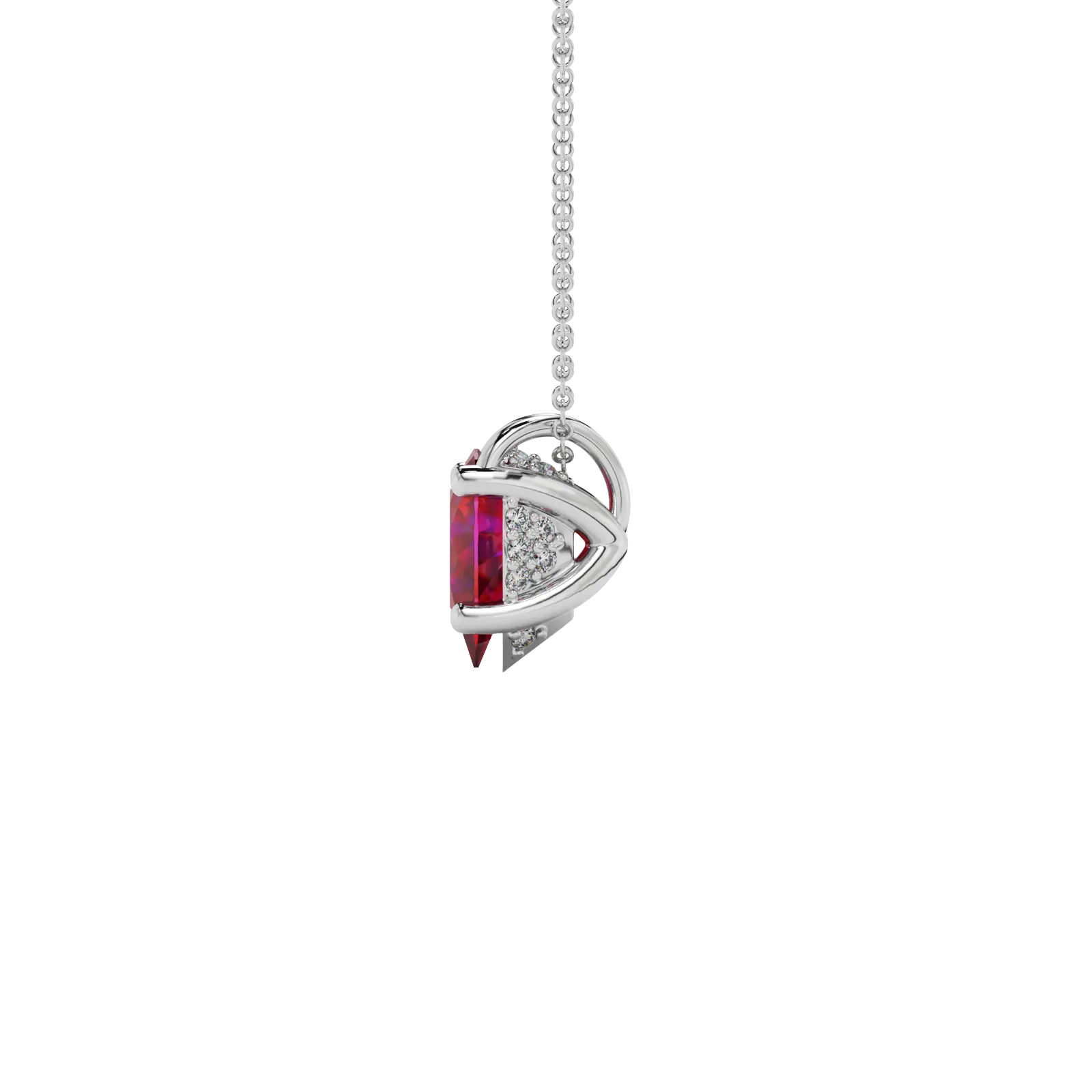 Side profile, white gold raspberry red pendant, pavé basket gallery.