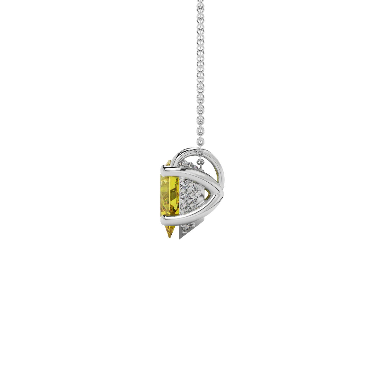 Side profile, white gold canary yellow pendant, pavé basket gallery.