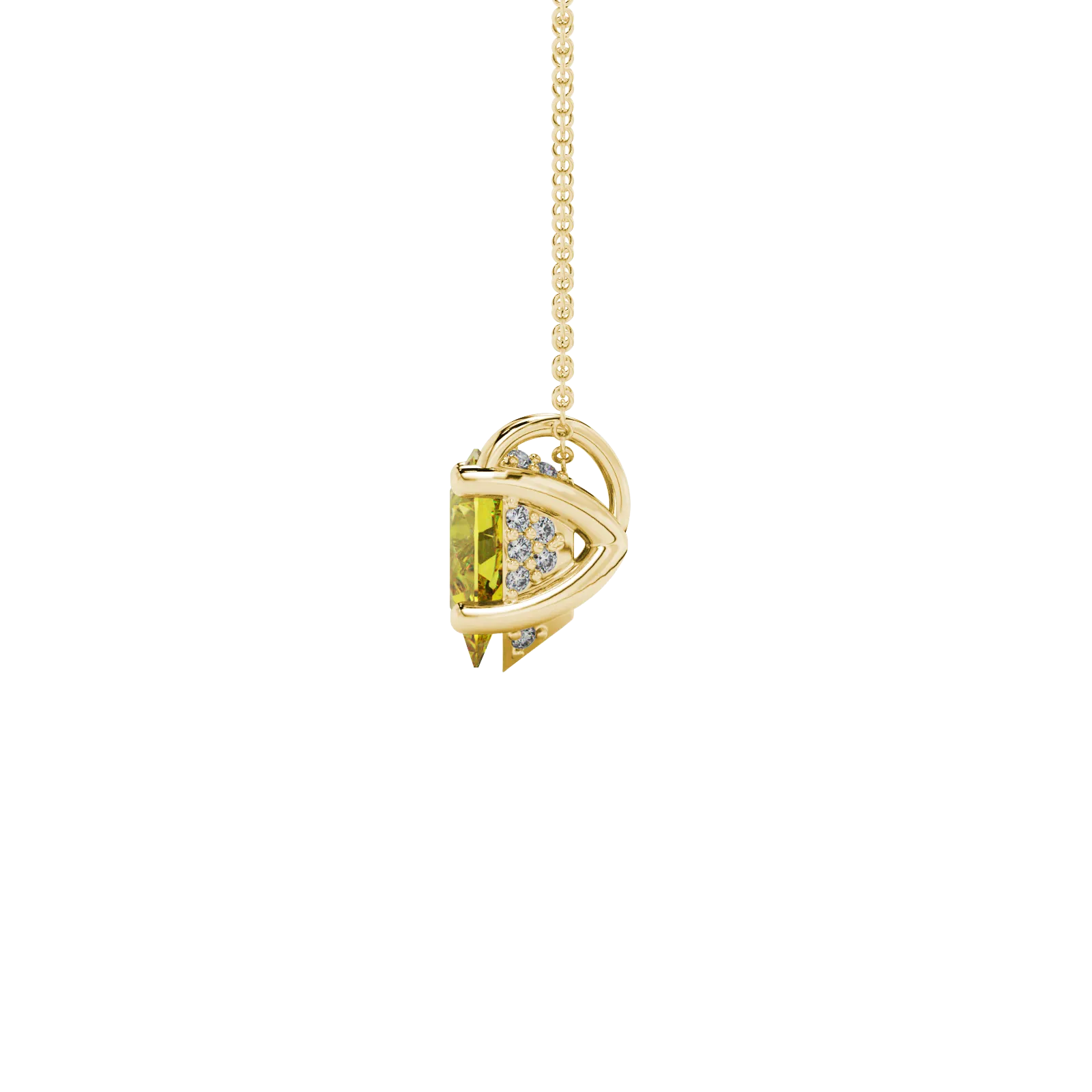 Side profile, yellow gold canary yellow pendant, pavé basket gallery.
