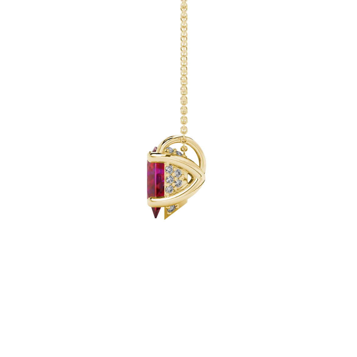 Side profile, yellow gold raspberry red pendant, pavé basket gallery.
