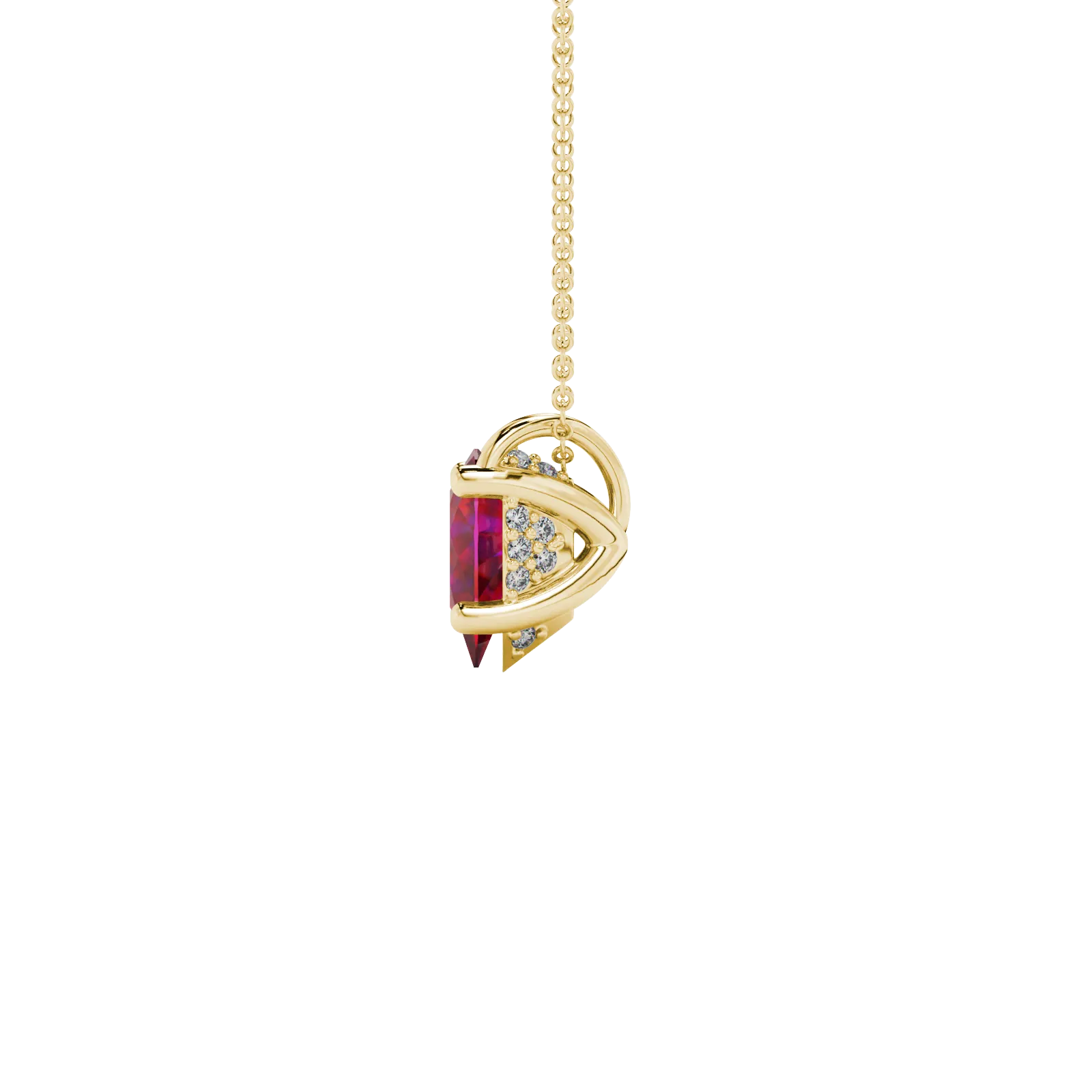 Side profile, yellow gold raspberry red pendant, pavé basket gallery.
