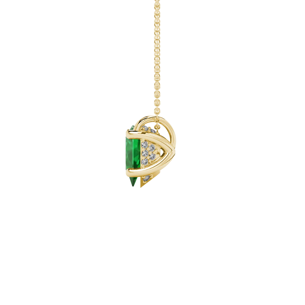Side profile, yellow gold emerald green pendant, pavé basket gallery.