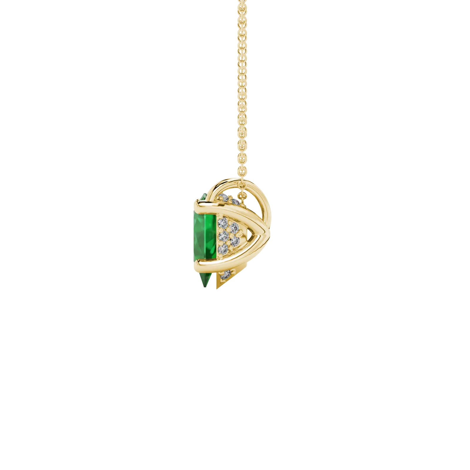 Side profile, yellow gold emerald green pendant, pavé basket gallery.