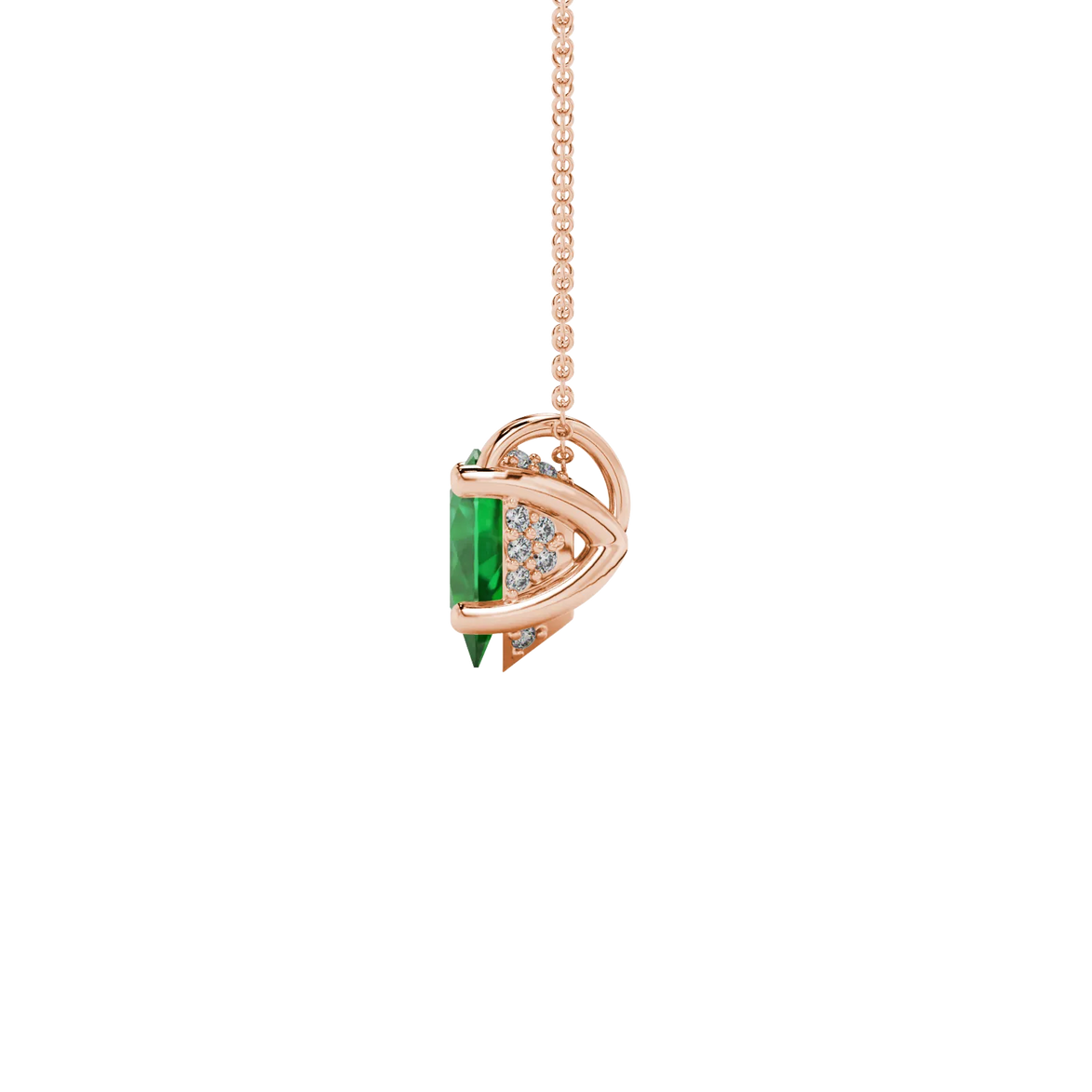 Side profile, rose gold emerald green pendant, pavé basket gallery.