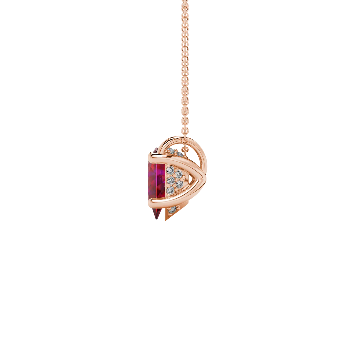 Side profile, rose gold raspberry red pendant, pavé basket gallery.