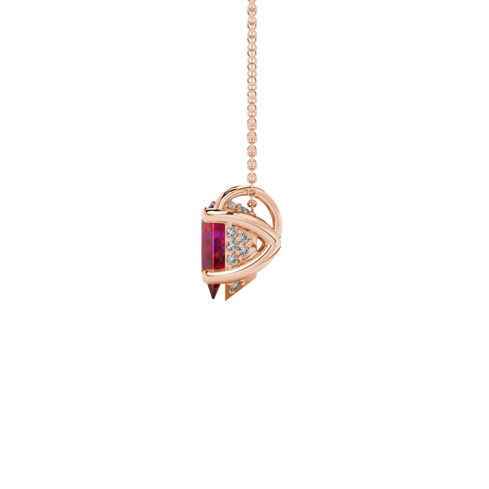 Side profile, rose gold raspberry red pendant, pavé basket gallery.