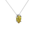 Close-up canary yellow gemstone, white gold pavé basket.