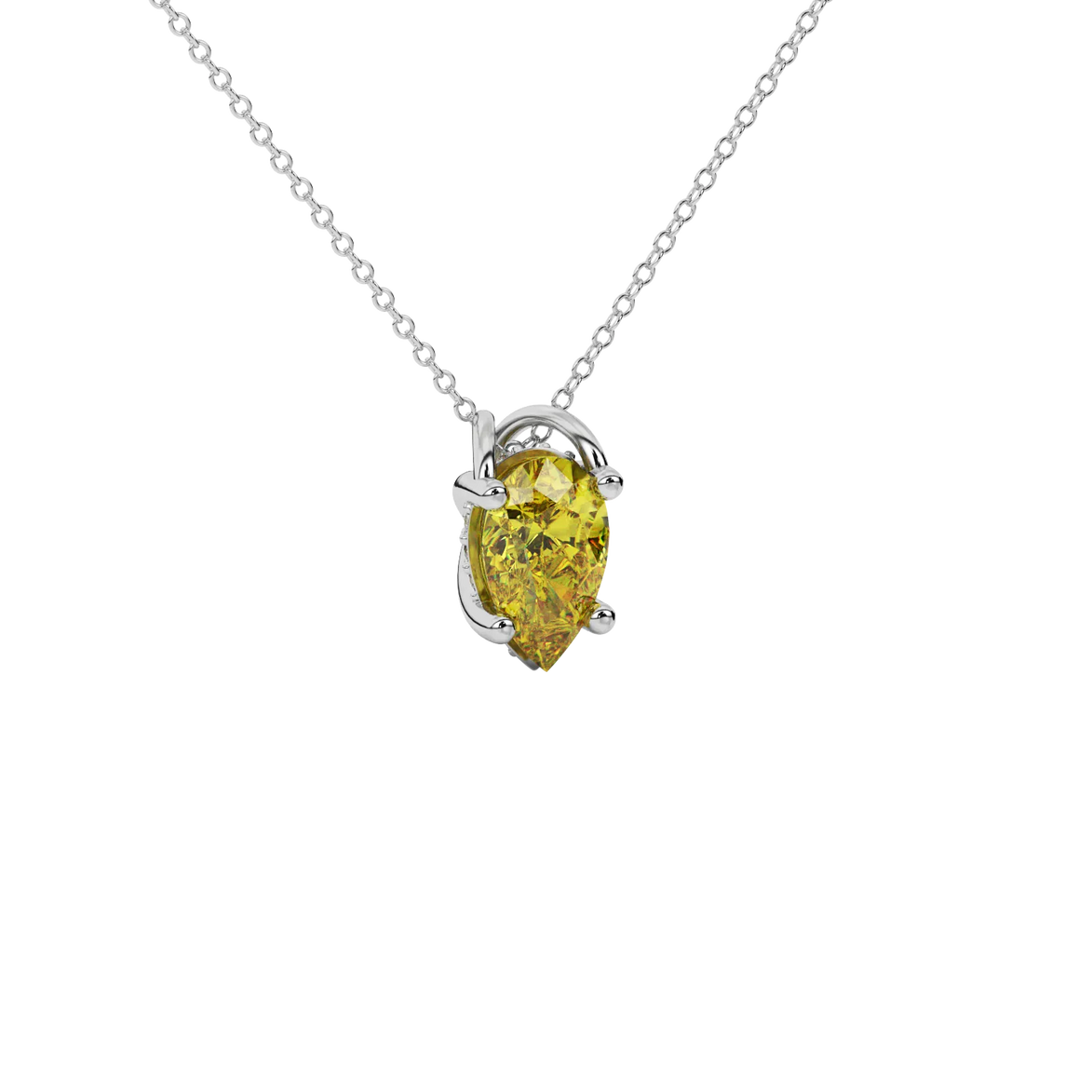 Close-up canary yellow gemstone, white gold pavé basket.