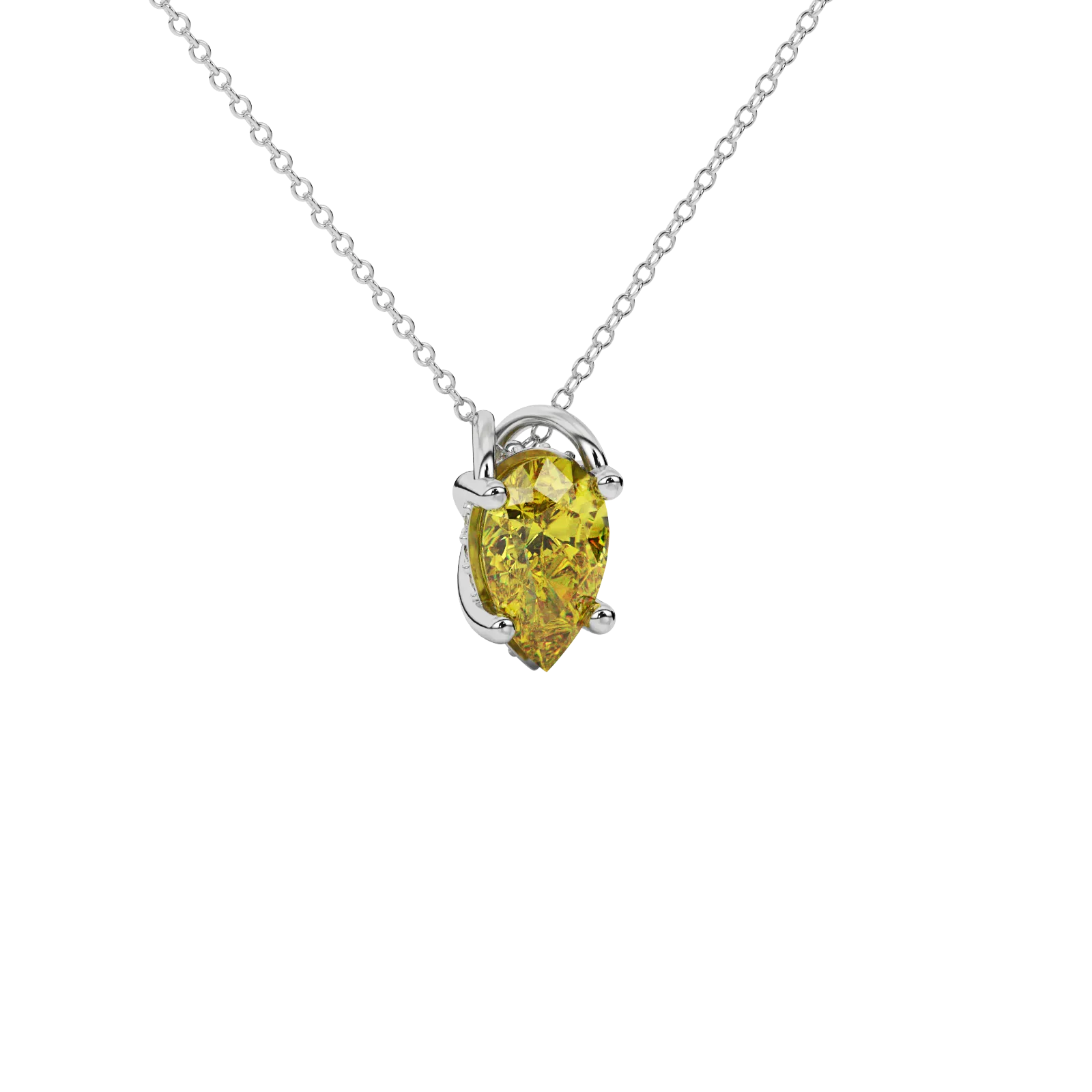 Close-up canary yellow gemstone, white gold pavé basket.