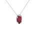 Close-up raspberry red gemstone, white gold pavé basket.