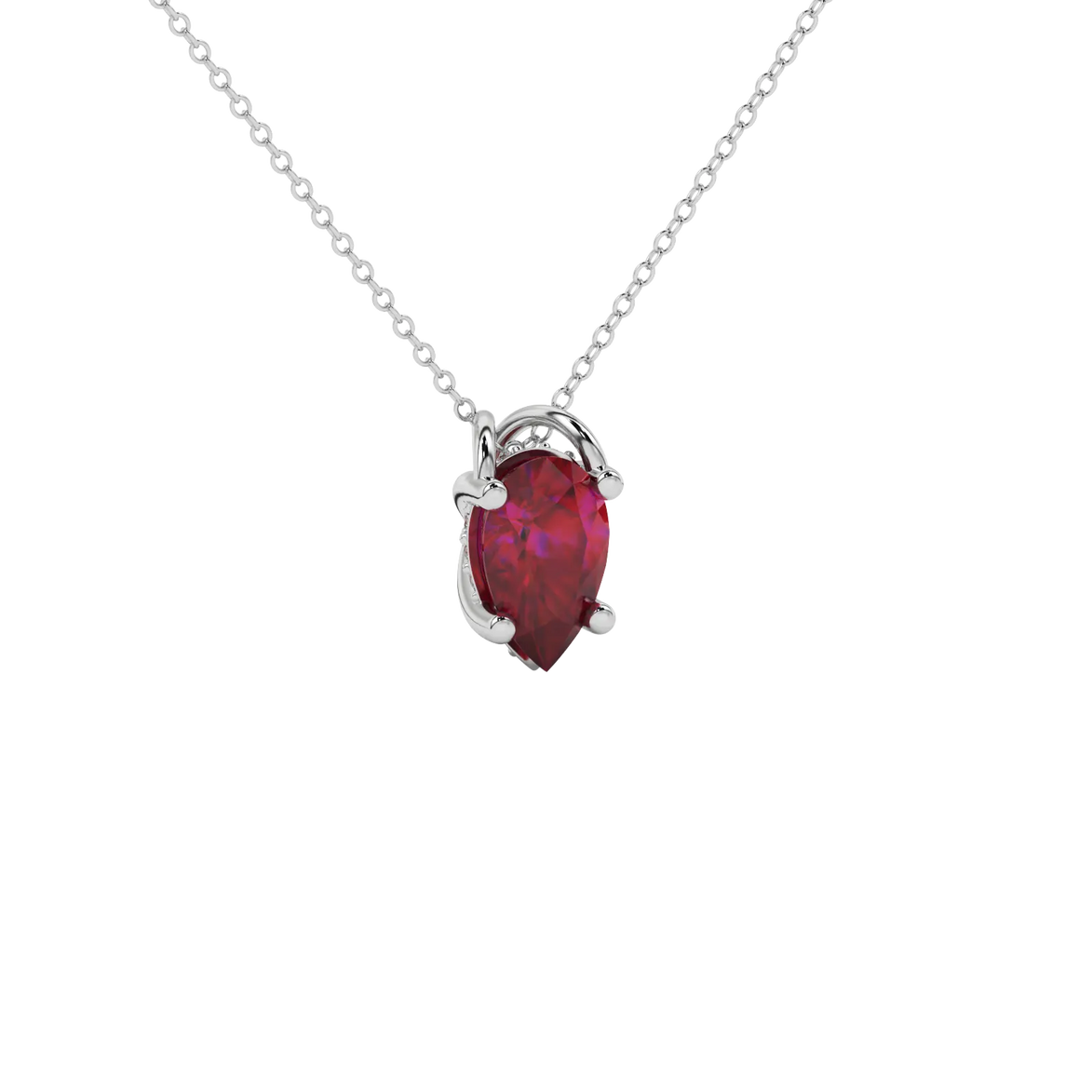 Close-up raspberry red gemstone, white gold pavé basket.