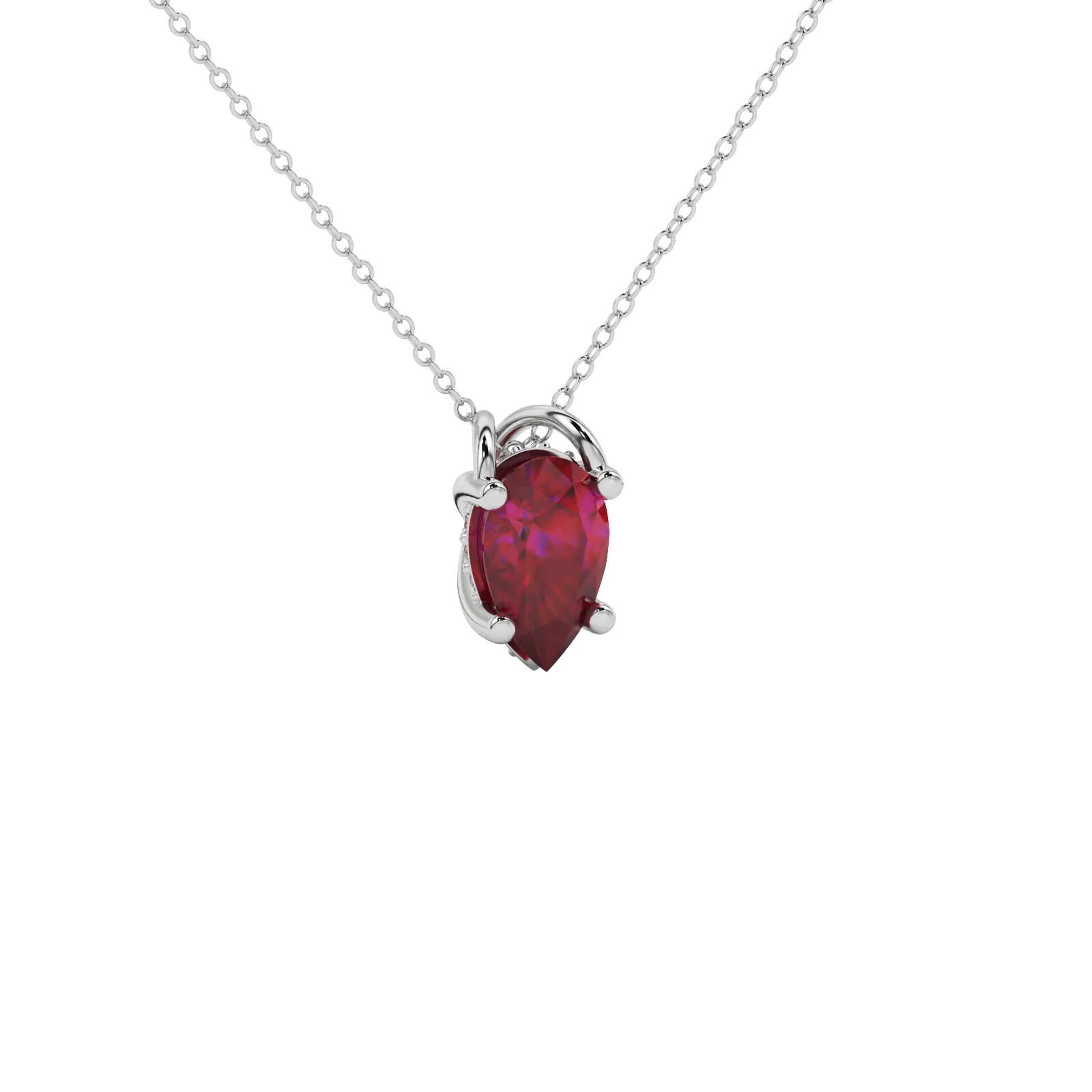 Close-up raspberry red gemstone, white gold pavé basket.