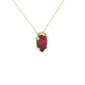 Close-up, pear shape raspberry red gemstone, yellow gold pavé basket pendant.