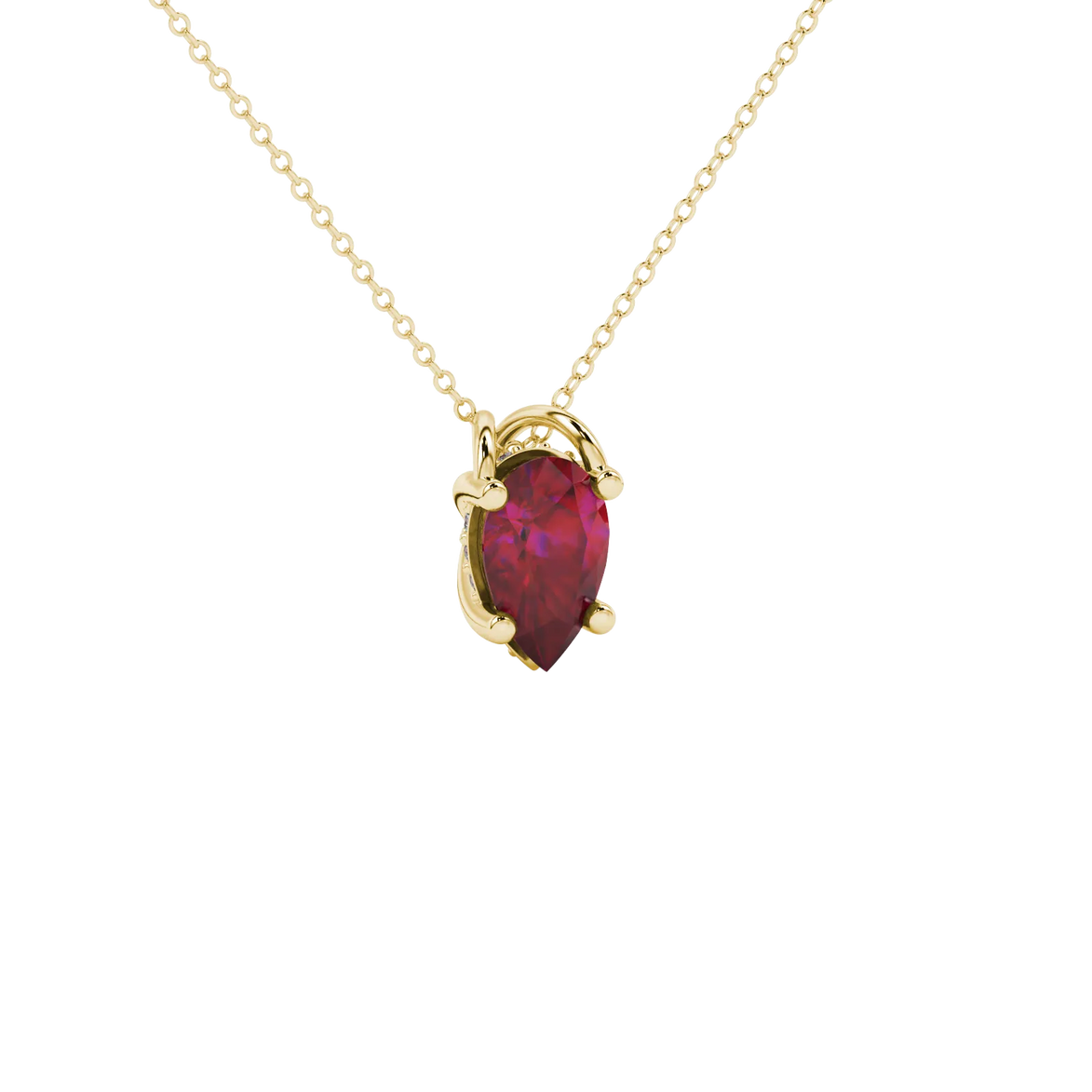 Close-up, pear shape raspberry red gemstone, yellow gold pavé basket pendant.