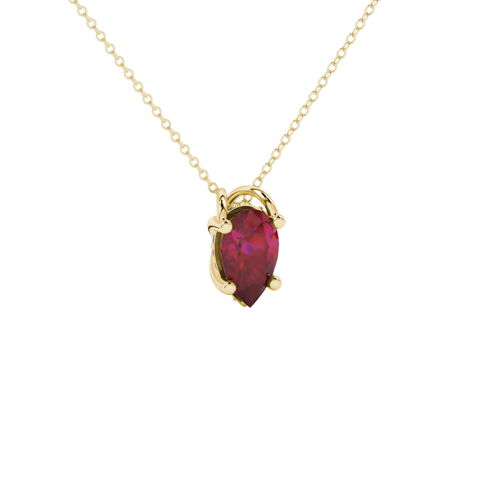 Close-up, pear shape raspberry red gemstone, yellow gold pavé basket pendant.