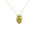 Close-up, pear shape canary yellow gemstone, yellow gold pavé basket pendant.