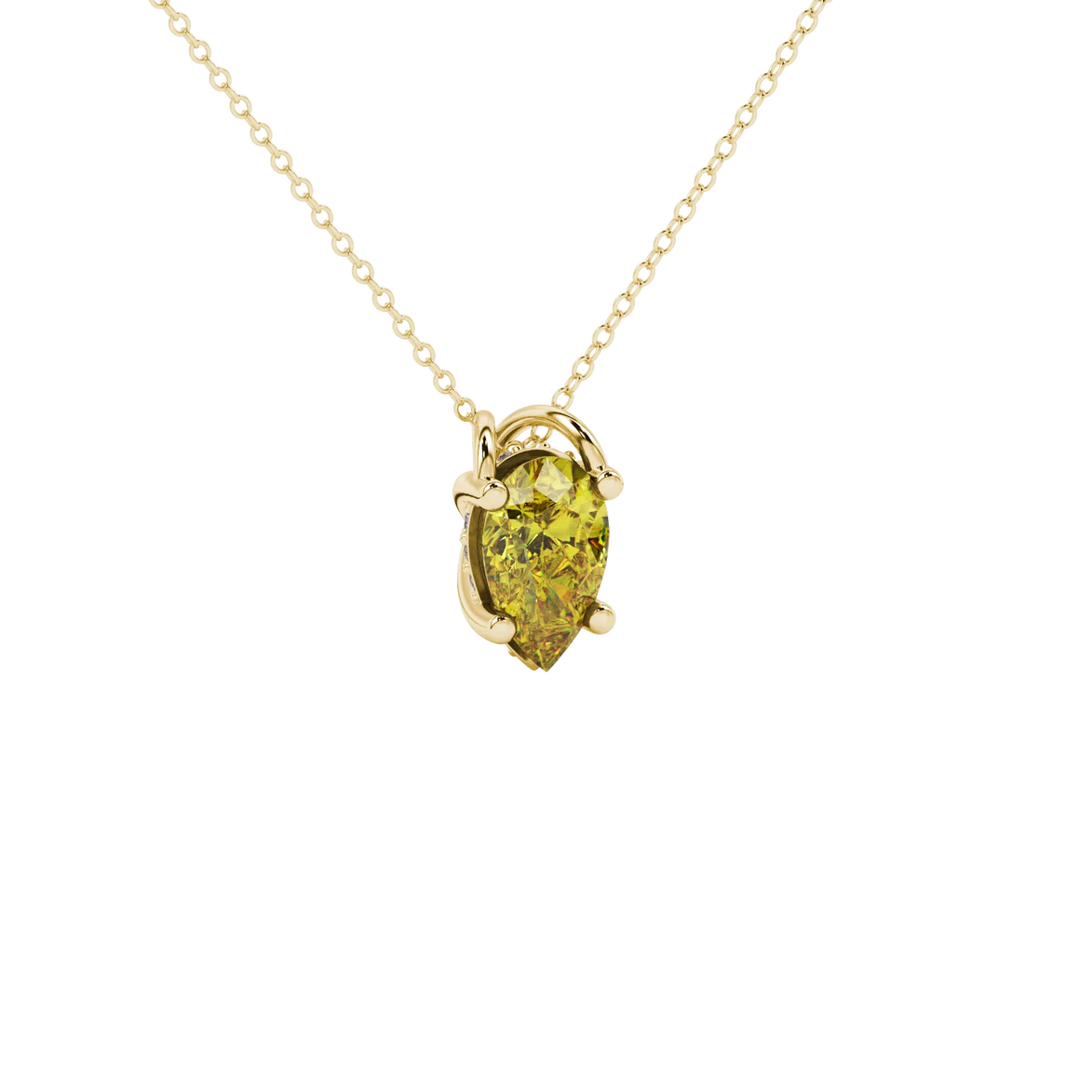 Close-up, pear shape canary yellow gemstone, yellow gold pavé basket pendant.
