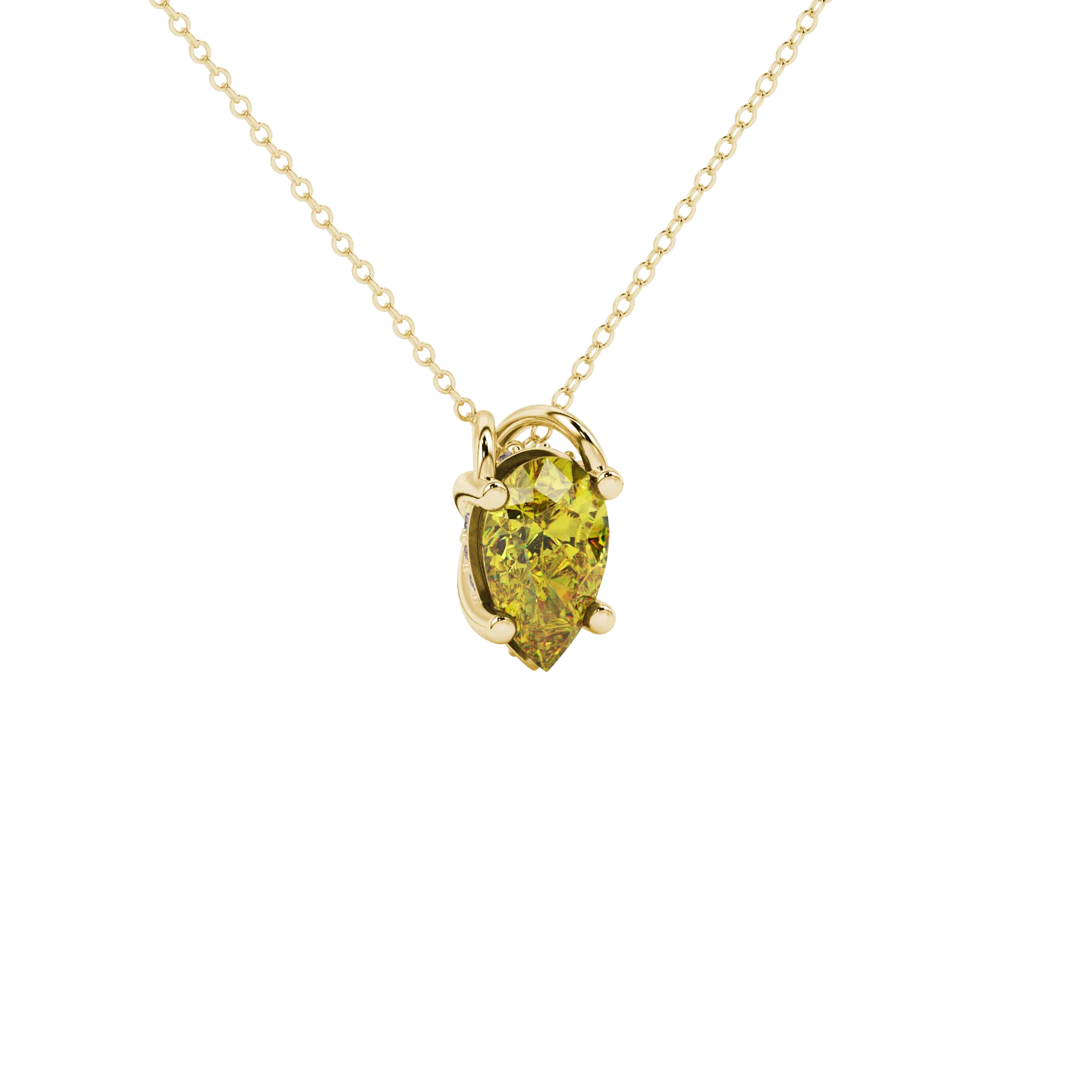Close-up, pear shape canary yellow gemstone, yellow gold pavé basket pendant.