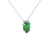 Close-up emerald green gemstone, white gold pavé basket.