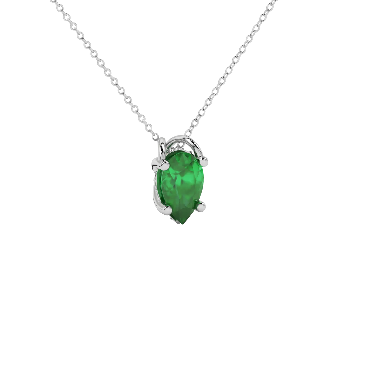 Close-up emerald green gemstone, white gold pavé basket.