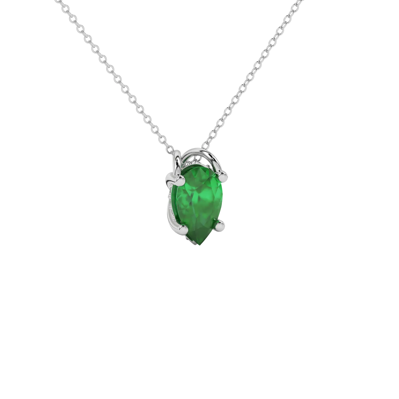 Close-up emerald green gemstone, white gold pavé basket.